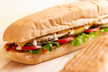 Sandwich close up on a wooden board