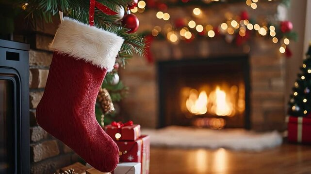 Christmas Stocking by the Fireplace: A festive red stocking hangs by the fireplace, filled with anticipation for Christmas morning, with warm firelight casting a glow on the scene.