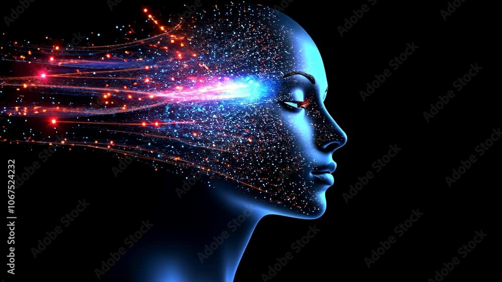 Poster a digital rendering of a woman's head with glowing lines and particles emanating from her forehead