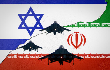 Israel and Iran and taiwan tensions and war concept. Fighter aircraft silhouettes over flags of Israel and Iran. Suitable for war, conflict, or geopolitical issues between the two nations.