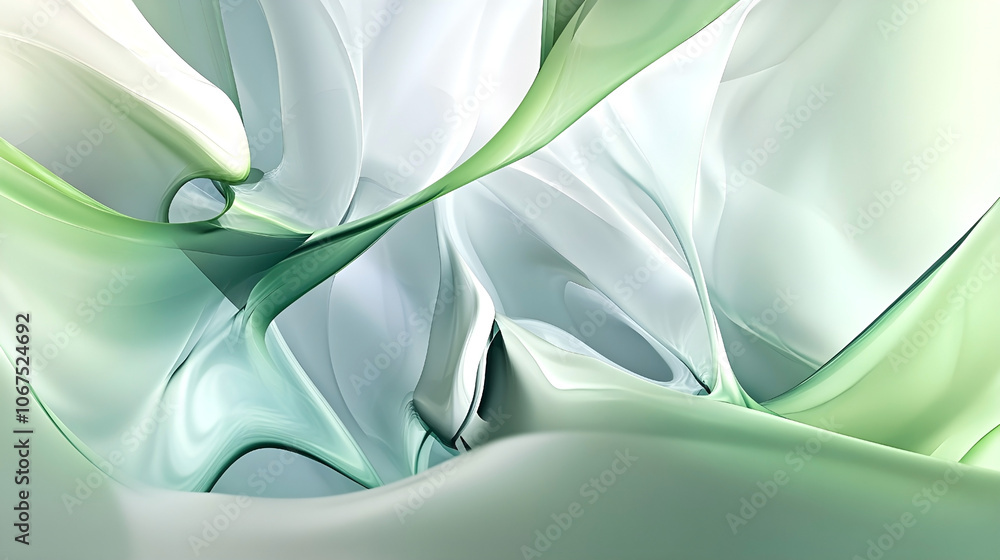 Poster abstract flowing shapes in soft green and white tones, creating a smooth, ethereal texture with a se