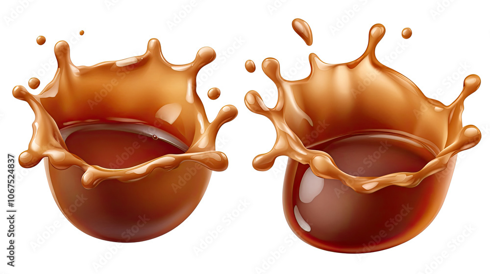 Poster cascading brown soda and tea splashes isolated on clear background generative ai
