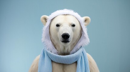 Obraz premium Polar Bear in Winter Scarf and Hood Against Blue Background