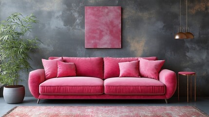 Modern loft with pink sofa, coffee table, and concrete wall, offering minimalist style with copy space.