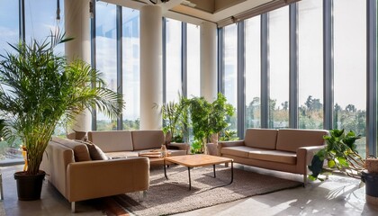 Fototapeta premium Inspired Breaks: A Cozy Office Lounge with Ample Natural Light