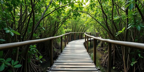 Obraz premium A wooden pathway bridges through a lush mangrove reforestation area, showcasing vibrant green foliage and intricate root systems, lush, habitat
