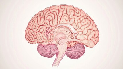 Human brain with detailed structure and lobes, isolated on white, medical accuracy, educational illustration