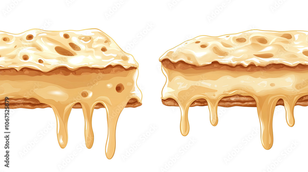 Poster melted cheese dripping from stacked layers on clear background generative ai