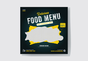 Delicious food menu web poster design for business promotion. Restaurant online sale promotion square web flyer and poster design template.