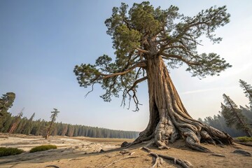 Ancient tree with gnarled bark and roots, ferns, dark greenery, fallen branches, natural texture, weathered wood