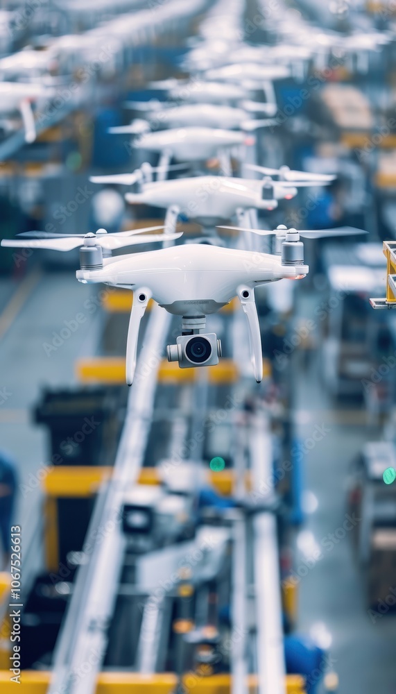 Poster high-tech drone factory with robotic assembly and quality control engineers