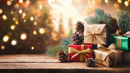 Mountain of Christmas Gifts with Bokeh Lights and Pinecones