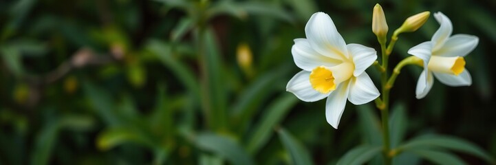 Fototapeta premium Beautiful white and yellow freesia flower blooming against green foliage background, freesia, petal