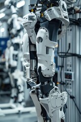 Fototapeta premium Futuristic Factory Manufacturing Exoskeletons with Robotic Systems and Engineers Testing Performance