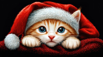 A cute ginger kitten wearing a Santa hat. The cat is lying on a red blanket looking at the camera on a dark background. Christmas card, illustration, patten, and holidays concept.