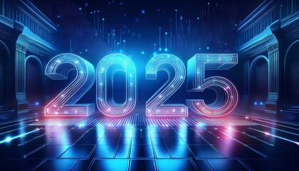 2025: A Digital Dawn - A futuristic depiction of the year 2025, with neon-lit numbers shimmering against a backdrop of digital circuitry.  A perfect visual for innovation, progress.