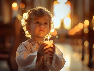 Little kid boy receiving his first holy communion. Happy child holding Christening candle
