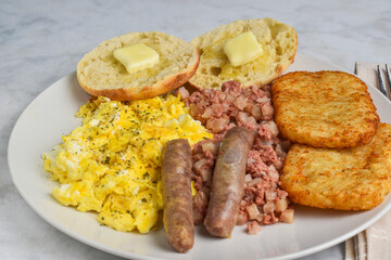 scramble eggs with corn beef hash and  hash browns