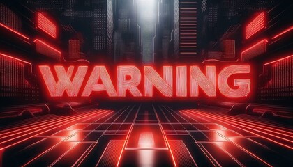 Cyberpunk Warning: A stark and ominous warning sign in bold red neon lights, illuminated against a futuristic backdrop of glowing red lines.
