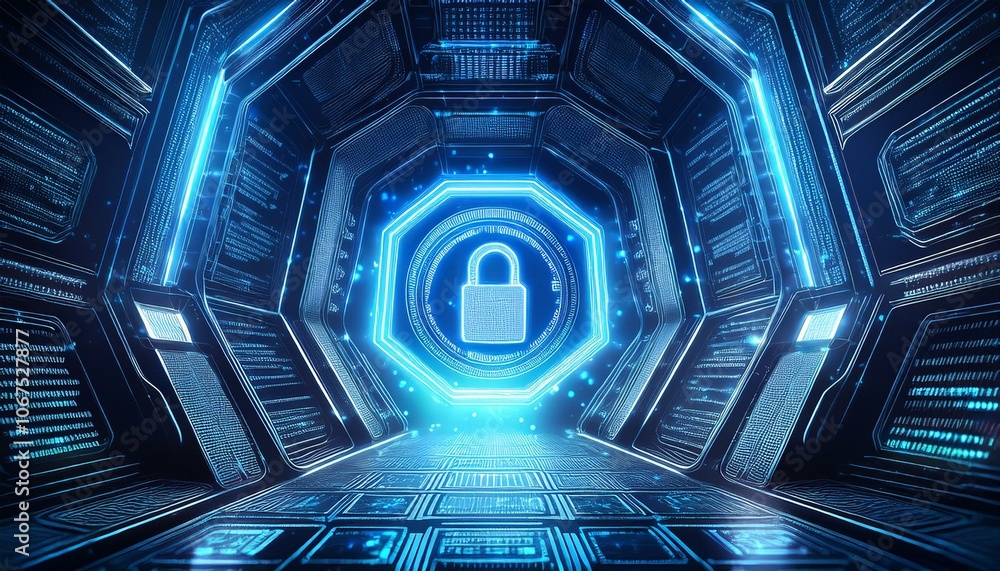 Poster Cybersecurity Gateway: Futuristic digital tunnel with glowing blue padlock icon, symbolizing secure data and advanced network protection.  