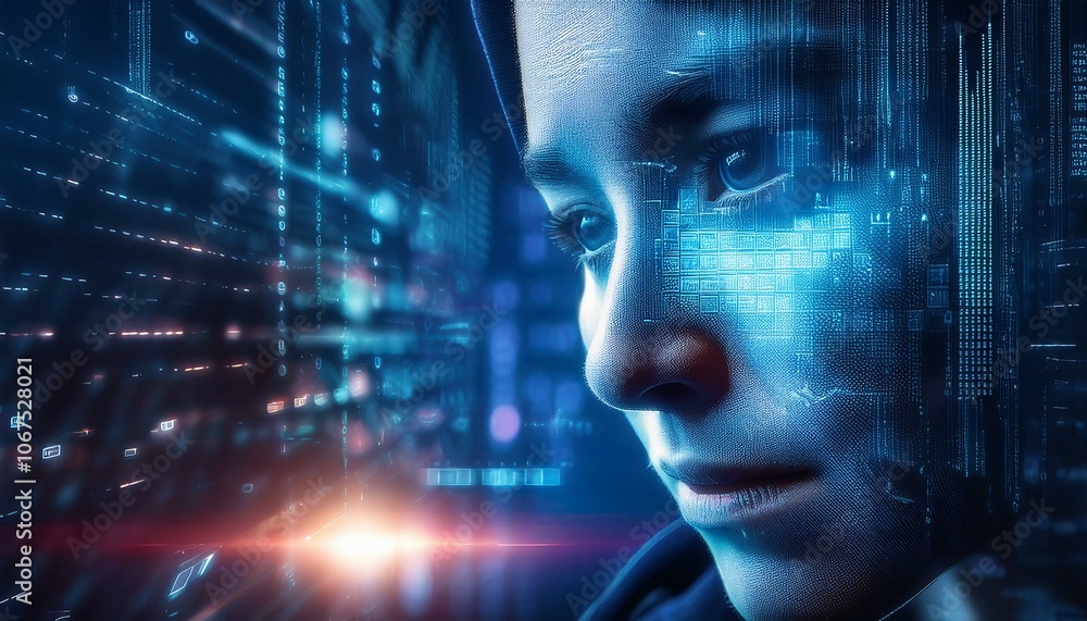 Poster the digital gaze: a young woman's face is overlaid with glowing, futuristic digital code, creating a