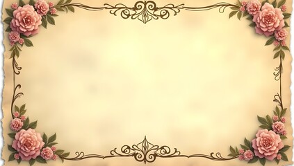 Victorian style paper sheet with floral border on soft beige background, copy space
