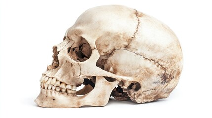 Human skull in high detail, isolated on white, all bone structures visible, scientific and medical illustration