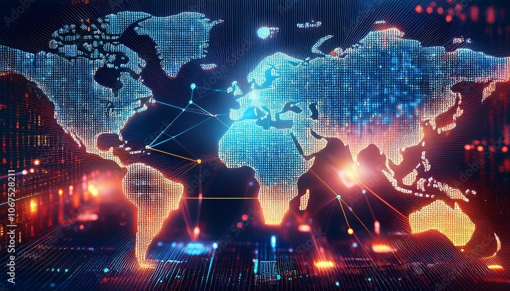 Poster Global Network: Digital World Map. Futuristic digital illustration of a world map with glowing network connections, symbolizing global connectivity and data flow.  