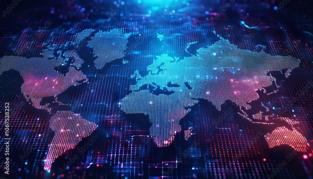 Aufkleber global digital network: a captivating, abstract representation of a digital world map, illuminated w