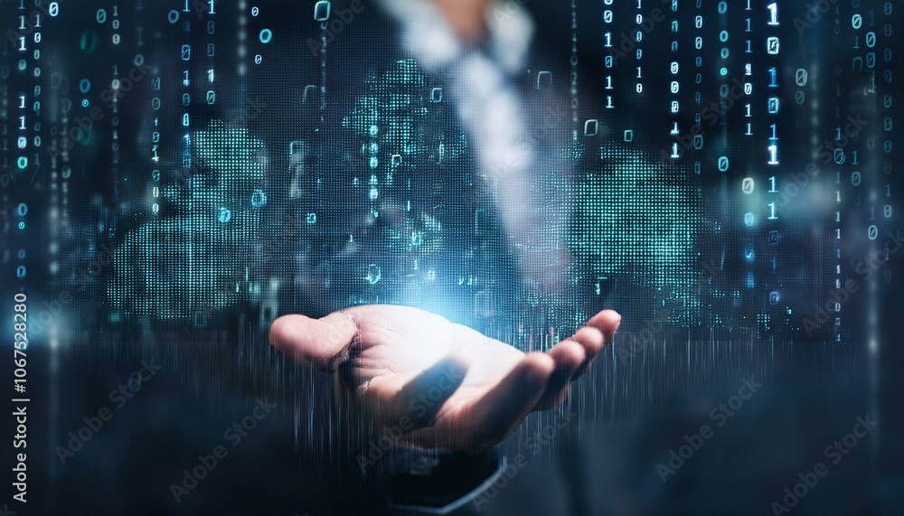 Poster global data connection: a businessman's open palm, illuminated by a glowing digital globe, symbolize