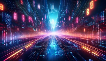 Obraz premium Digital Highway: Neon lights illuminate a futuristic digital highway, symbolizing the boundless possibilities of technology and innovation. The abstract design evokes a sense of speed, progress.