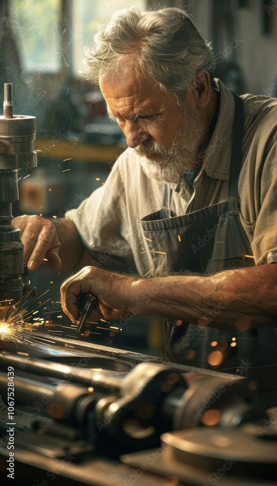 Poster skilled machinist working meticulously with lathe in workshop for mechanical precision