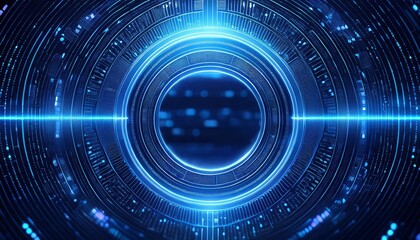 Fototapeta premium Cybernetic Core: Abstract digital art depicting a futuristic, glowing blue circular interface, radiating technological energy and hinting at complex data streams.