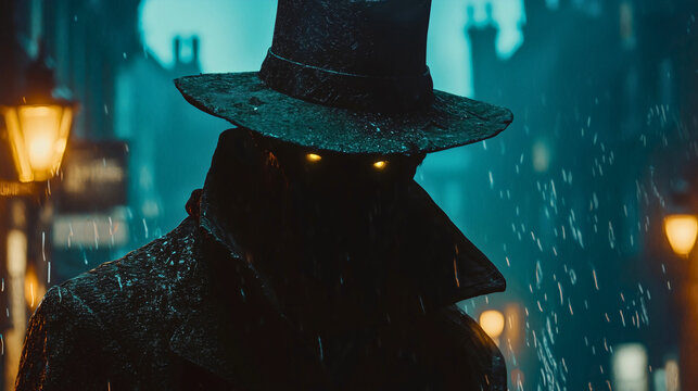 Jack the ripper, a dark silhouette of a terrifying urban legend that haunted the streets of London in the 19th century, a frightening black figure with demonic eyes.
