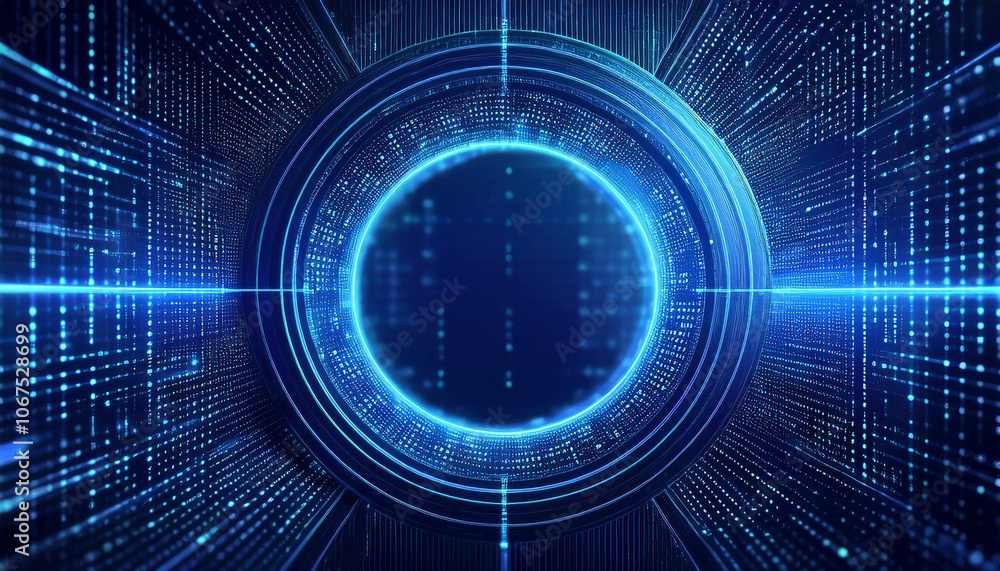 Poster digital gateway: a mesmerizing abstract background with a glowing blue ring, symbolizing a digital p