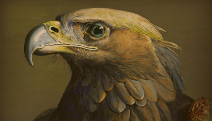 A replication of an old art of a golden eagle looking off to the side. A hint of texture makes it look like an old painting.