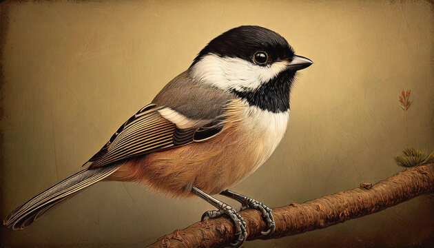 A replication of an old art print depicting a black-capped chickadee perched on a branch. A hint of texture that makes it look like an old painting.