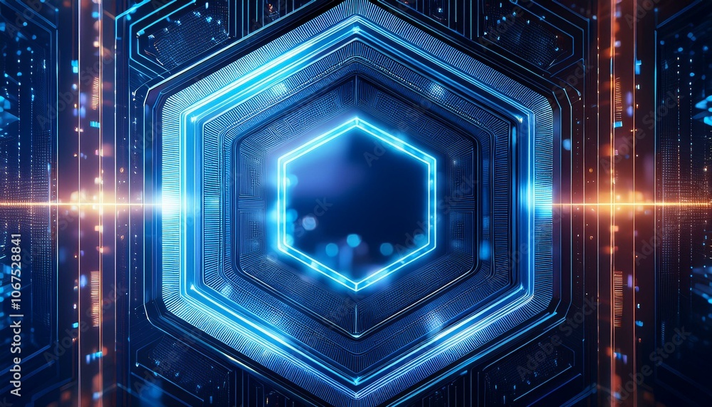 Poster cybernetic hexagon: glowing blue hexagon embedded in a futuristic circuit board. abstract technologi