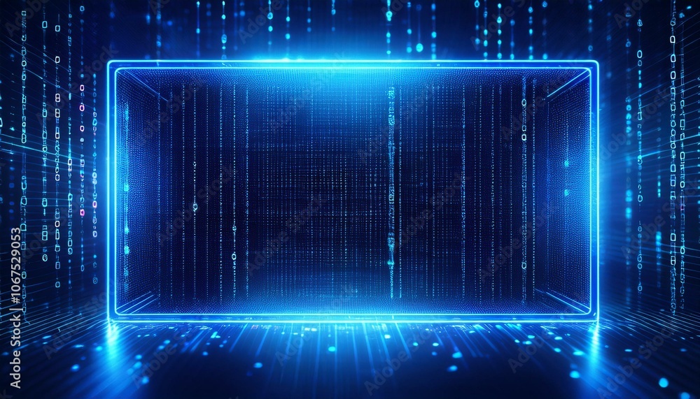 Poster digital matrix portal: abstract glowing blue frame in a futuristic digital matrix background, perfec