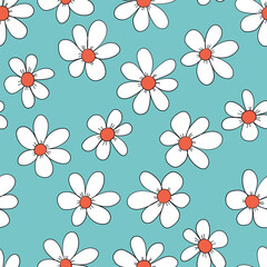 Fototapeta premium Seamless floral pattern based on traditional folk art ornaments. Colorful chamomile, daisy flowers on color background. Doodle style. Vector illustration. Simple minimalistic pattern