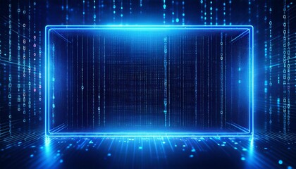 Digital Matrix Portal: Abstract glowing blue frame in a futuristic digital matrix background, perfect for technology, data, and innovation concepts.  