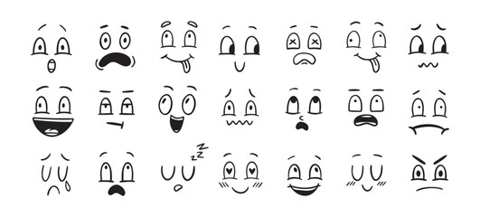 Set of doodle various emotions. Hand drawn drawing cute face collection.