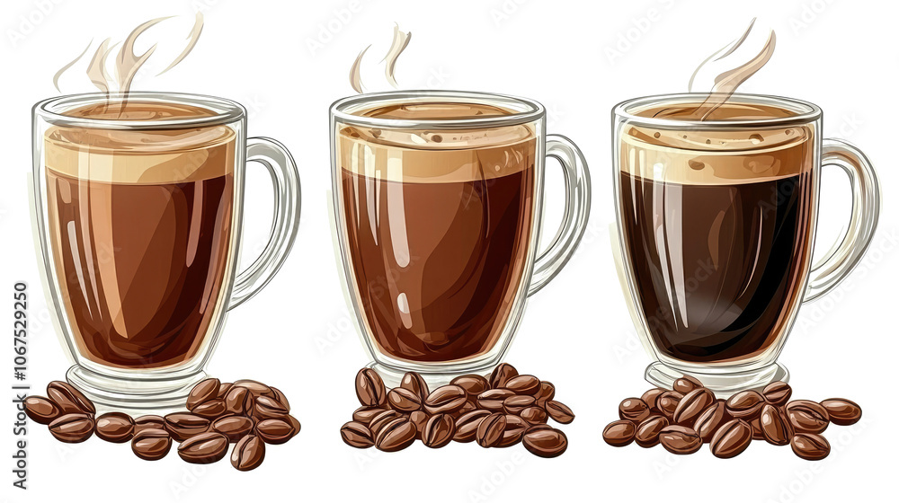 Poster three coffee cups with beans on transparent background generative ai