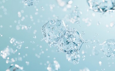 Transparent Water Molecules on Light Blue Background. AI generated illustration