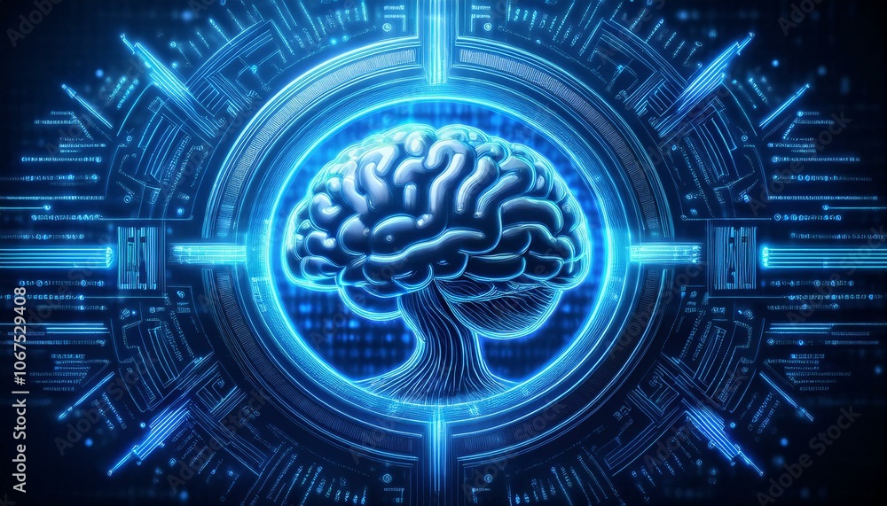 Poster brainpower in the digital realm: a futuristic, abstract concept of a brain within a digital, technol