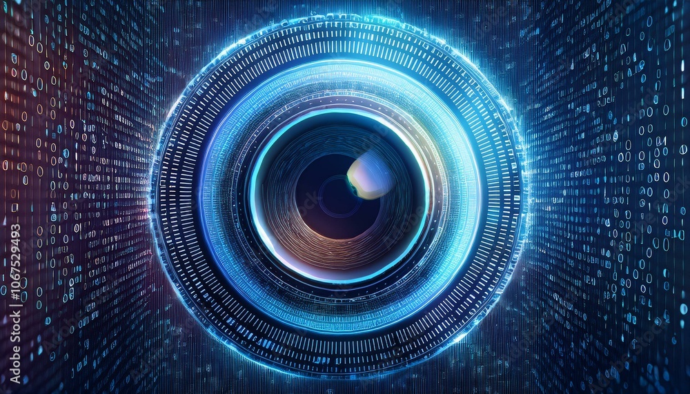 Aufkleber digital eye: a captivating abstract image featuring a glowing camera lens at the center of a swirlin