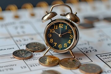 Vintage Alarm Clock on a Calendar Surrounded by Coins