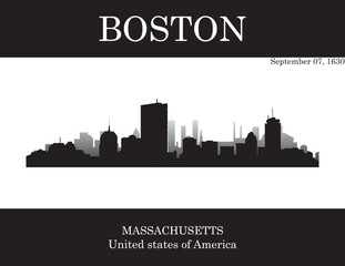 Black silhouette city skyline of city of Boston with black and white background with inscription of the name of the city, date of establishment and US state