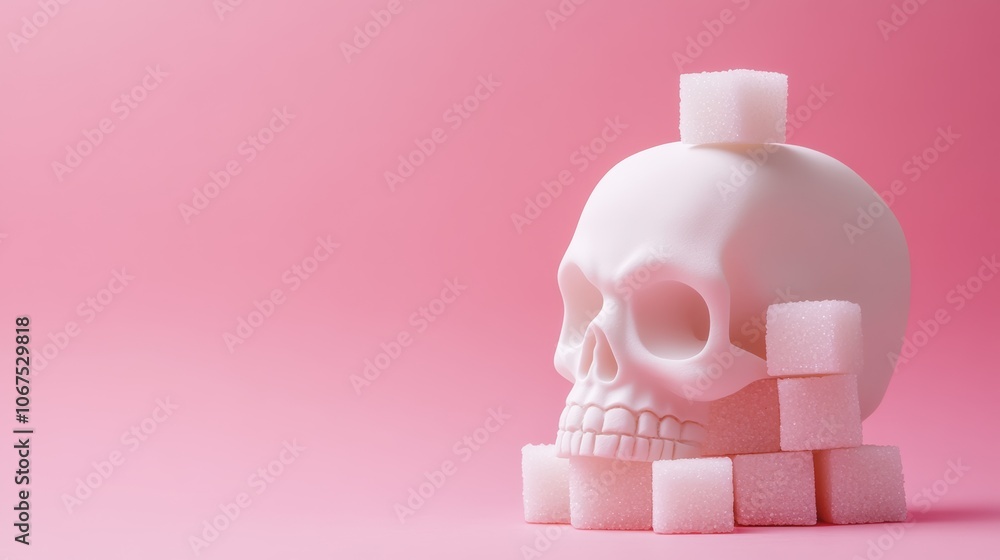 Poster white skull with sugar cube on top and a stack of sugar cubes beside it, conveying the health risks 