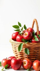 Fresh red apples neatly arranged in a wicker basket against a clean white background, grocery, agriculture, food
